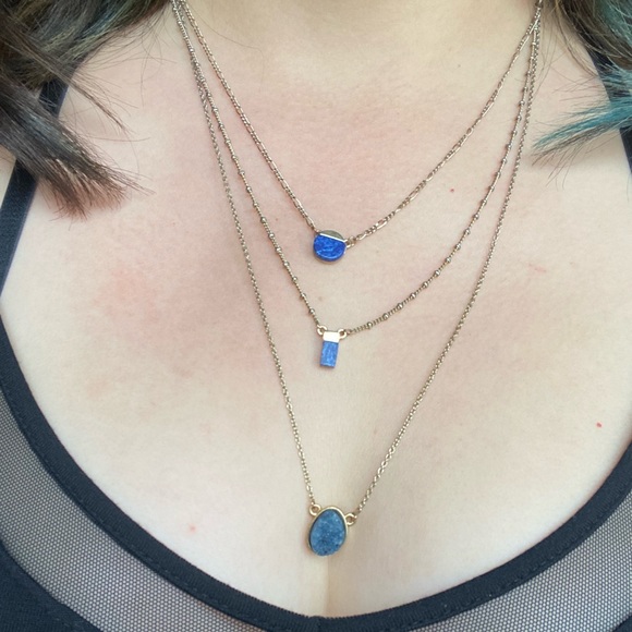 Goldtone blue druzy and stone triple chain necklace - Picture 2 of 6